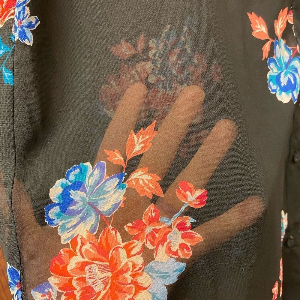 TIMING academia professor teacher sheer chiffon black floral button down blouse - Picture 5 of 8